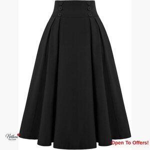 Fit and Flare Pleated Skirt with Elastic Waist and Pockets